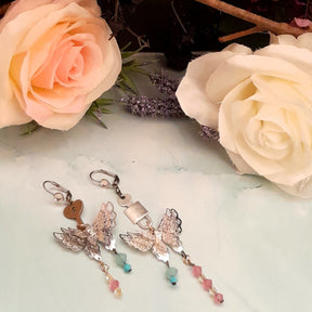Silver tone fantasy butterfly key dangle earrings handmade Victorian style vintage style
