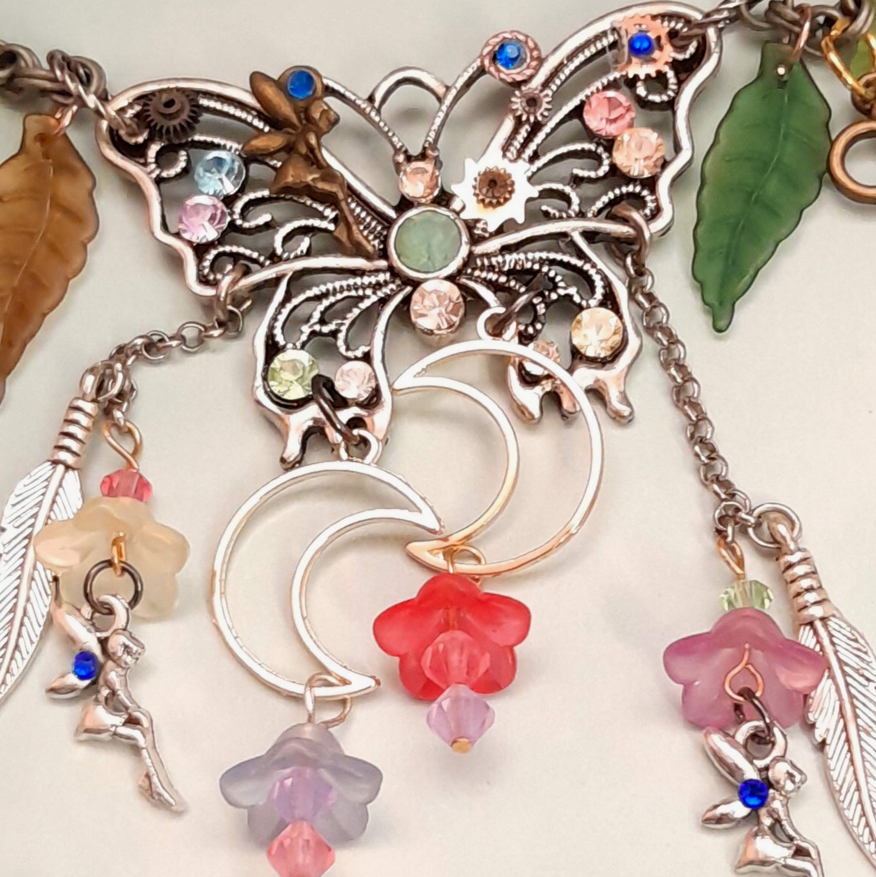 One-of-a-kind magical fantasy butterfly necklace with fairy, crescent moon, and rainbow Swarovski crystals, handmade boho Victorian style vintage style
