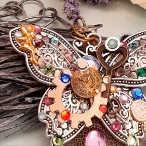 Magical fantasy butterfly necklace with rainbow Swarovski crystals and steampunk charms, handmade bohemian Victorian style vintage style jewelry