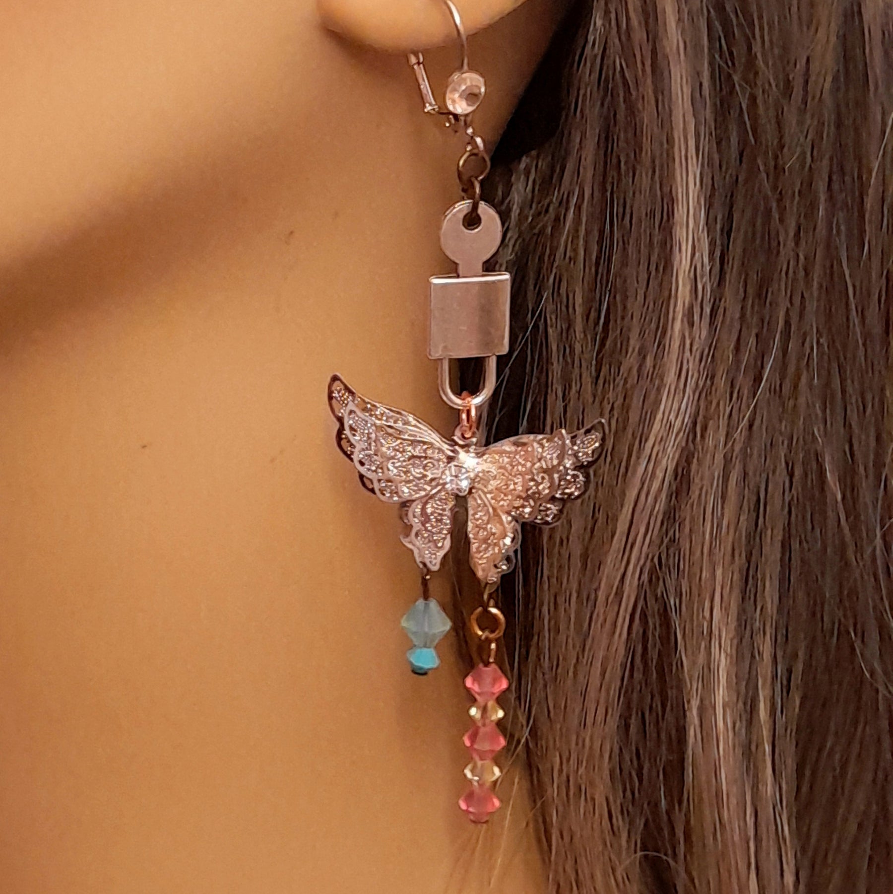 Silver tone handmade fantasy butterfly and key earrings non-matching Victorian style vintage style swarovski crystal