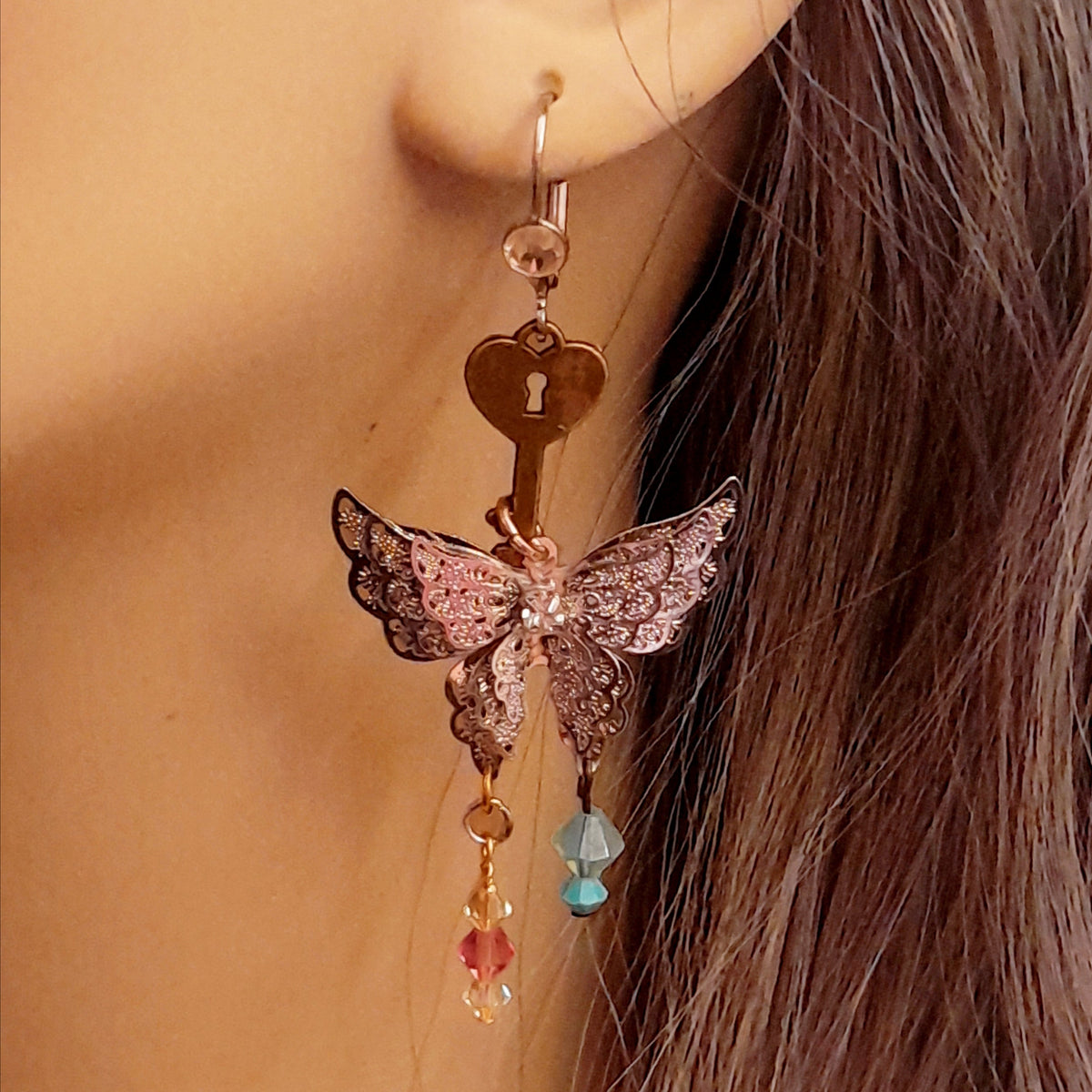 Handmade swarovski crystals magical fantasy butterfly and key dangle earrings non-matching Victorian style vintage style