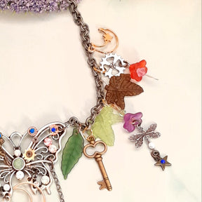 Magical fantasy butterfly necklace with steampunk gears, dragonfly and key charms, Swarovski crystals, handmade Victorian style vintage style boho jewelry