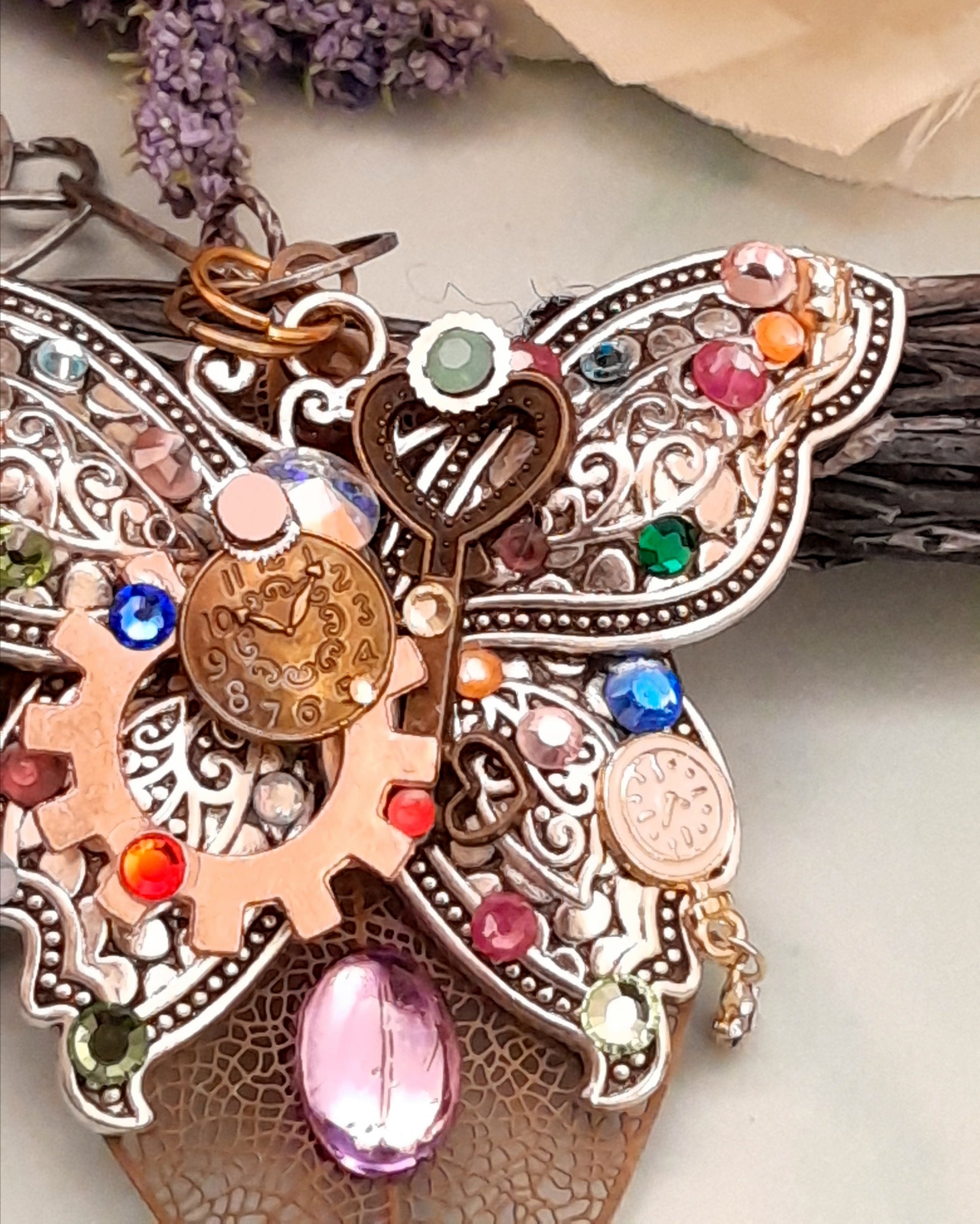 Necklace Butterfly Rainbow Crystal Steampunk Style
