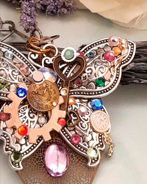 Necklace Butterfly Rainbow Crystal Steampunk Style