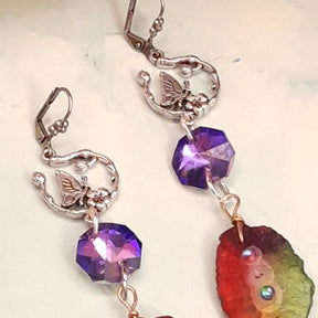 Handmade multicolor rainbow dangle earrings magical fantasy Victorian style vintage style Swarovski crystal statement earrings