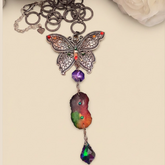 Handmade magical fantasy large silver filigree butterfly necklace with rainbow Swarovski crystals and rainbow stone drop, Victorian style vintage style jewelry

