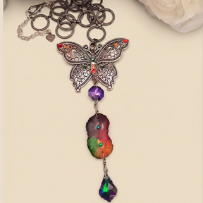 Handmade magical fantasy large silver filigree butterfly necklace with rainbow Swarovski crystals and rainbow stone drop, Victorian style vintage style jewelry


