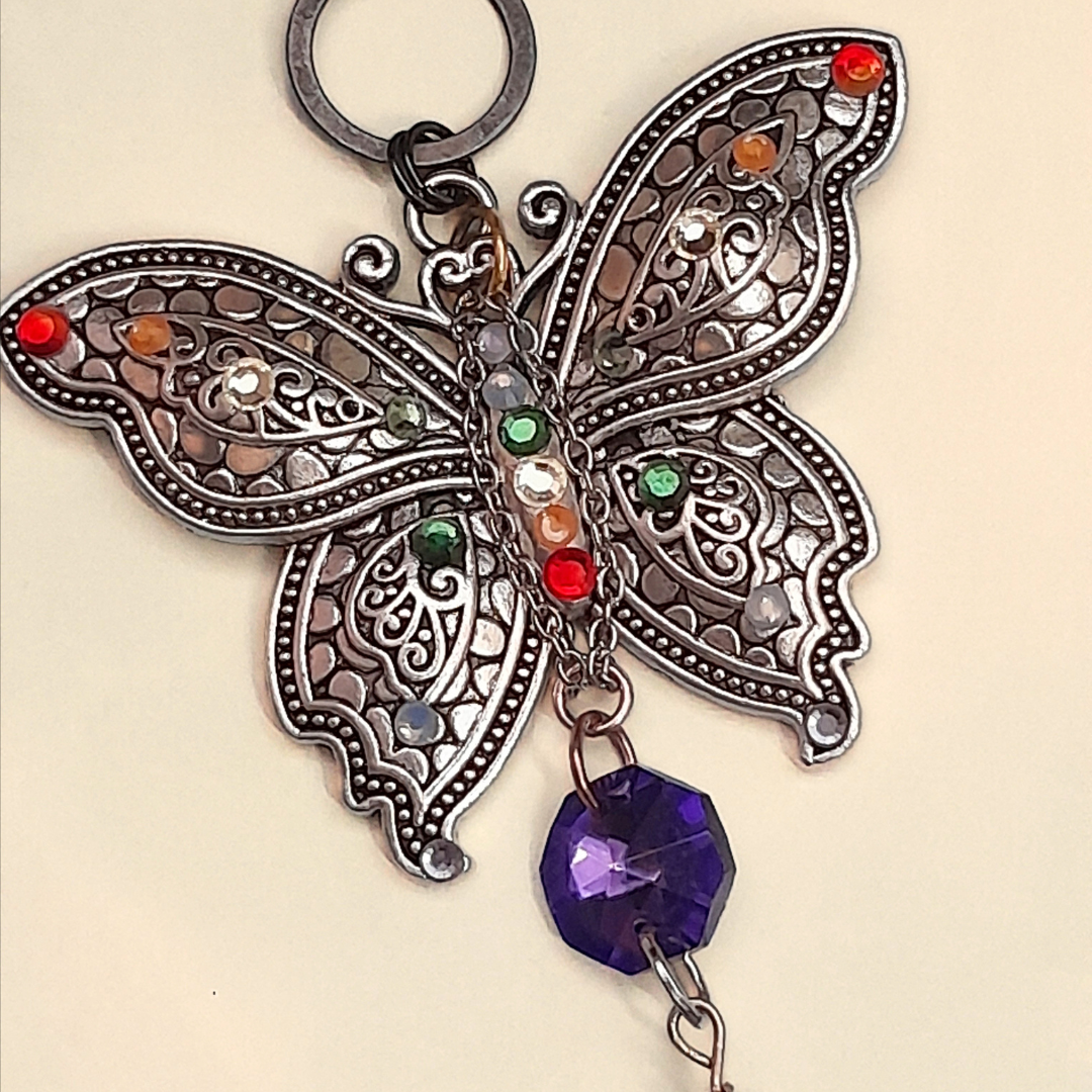 Magical fantasy silver filigree butterfly necklace with purple glass bead, rainbow stone, and Swarovski crystals, handmade Victorian style vintage style boho