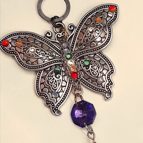 Magical fantasy silver filigree butterfly necklace with purple glass bead, rainbow stone, and Swarovski crystals, handmade Victorian style vintage style boho