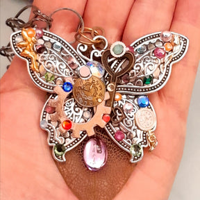 One-of-a-kind magical fantasy butterfly necklace with steampunk details, fairy charms, and rainbow Swarovski crystals, handmade Victorian style vintage style