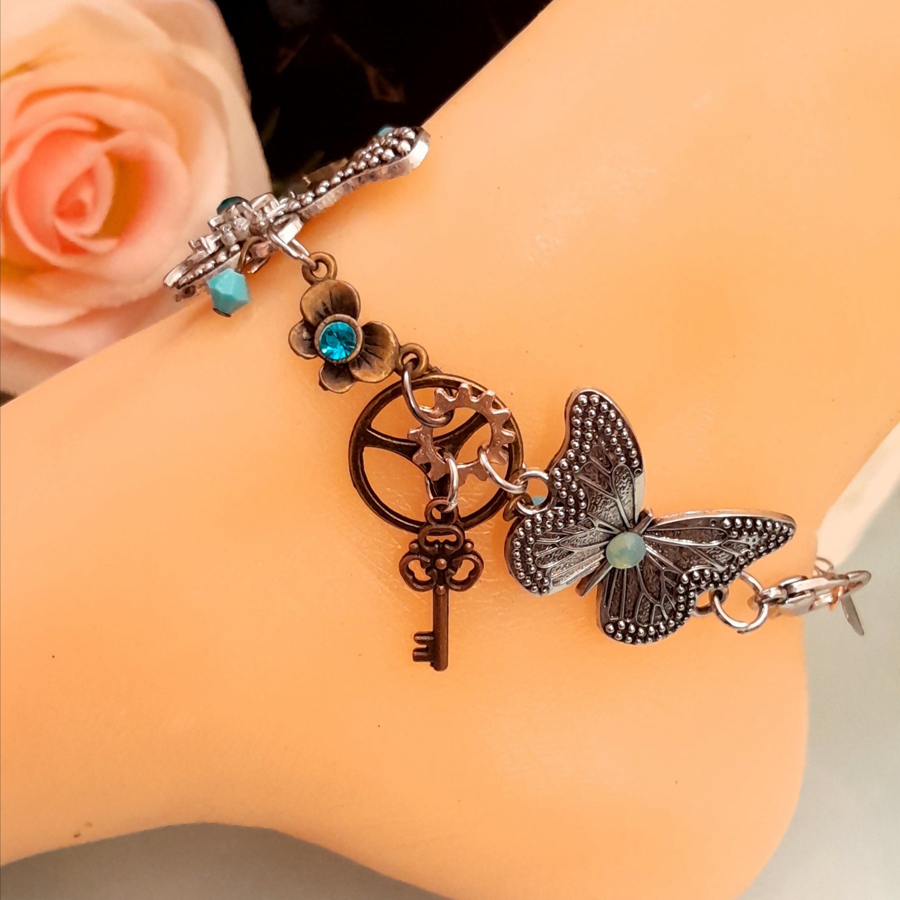 Handmade magical fantasy butterfly steampunk anklet with turquoise Austrian crystals and vintage key charm, Victorian style vintage style, fairycore boho anklet