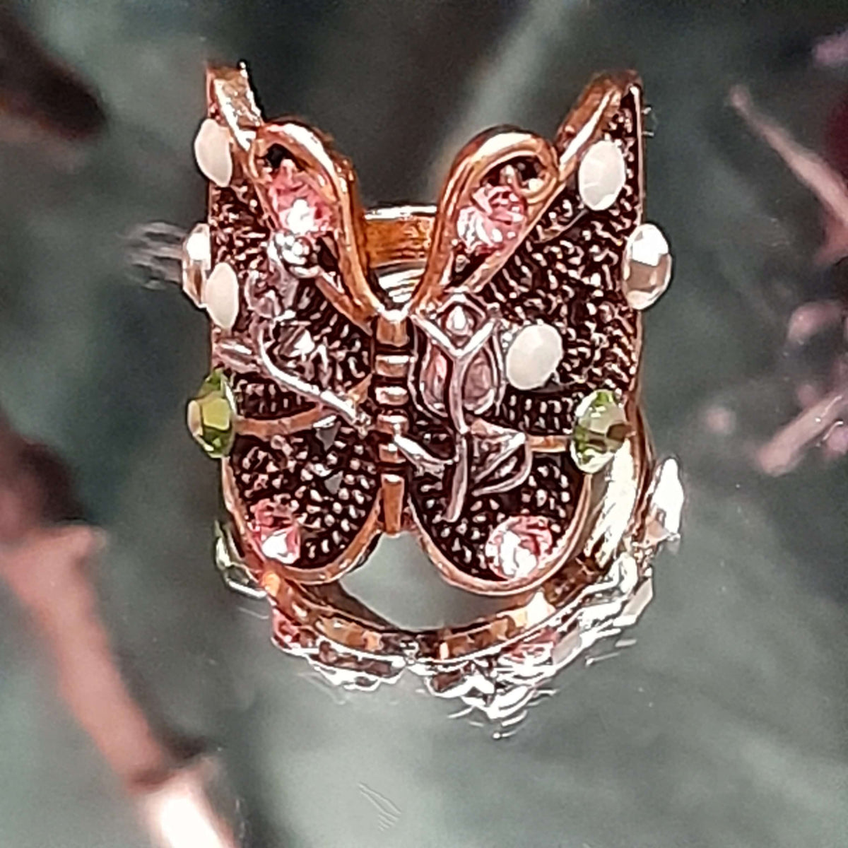 Butterfly Ring Mint Green Crystals Size 6.5