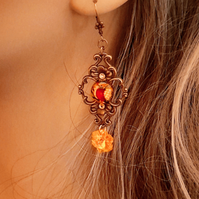 victorian vintage style dangle drop earrings with owl cabochons and yellow flower crystals