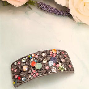 Handmade magical fantasy colorful flower hair clip barrette with rainbow Swarovski crystals, Victorian style vintage style bohemian hair accessory

