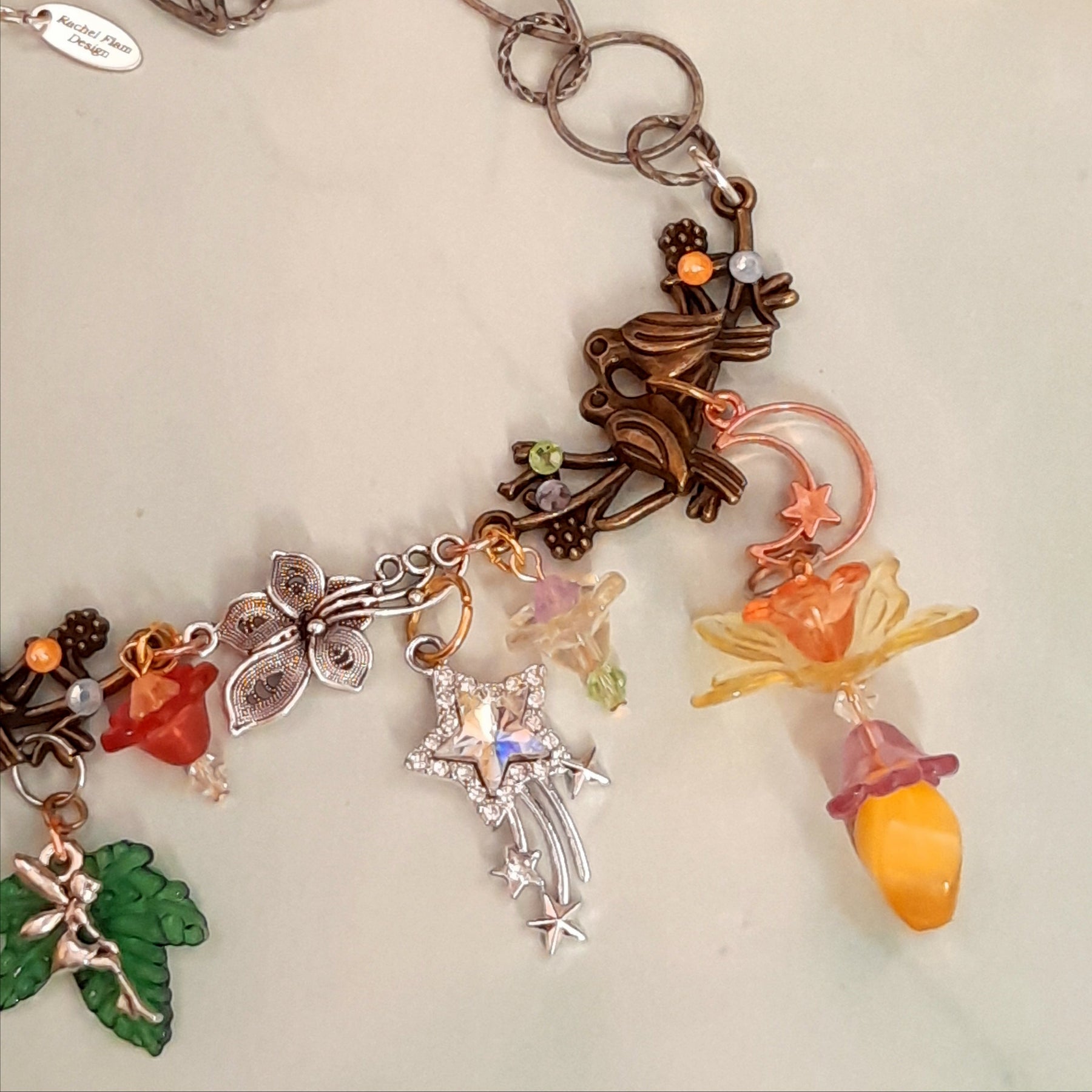 Magical fantasy colorful nature bird necklace with Swarovski crystals and fairy charms, handmade Victorian style vintage style boho jewelry