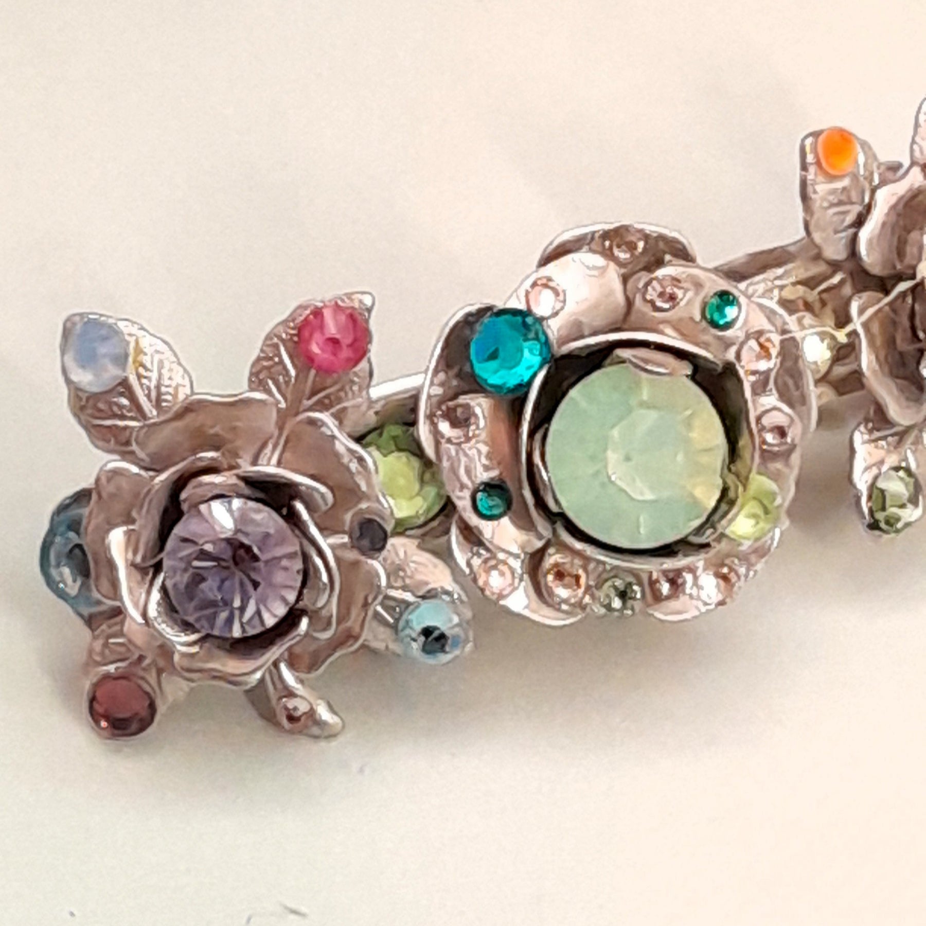 Magical fantasy silver rose flower barrette with rainbow Austrian crystals in every petal, handmade Victorian style vintage style bohemian hair accessory