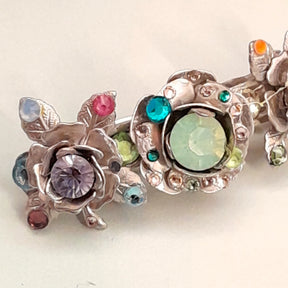 Magical fantasy silver rose flower barrette with rainbow Austrian crystals in every petal, handmade Victorian style vintage style bohemian hair accessory