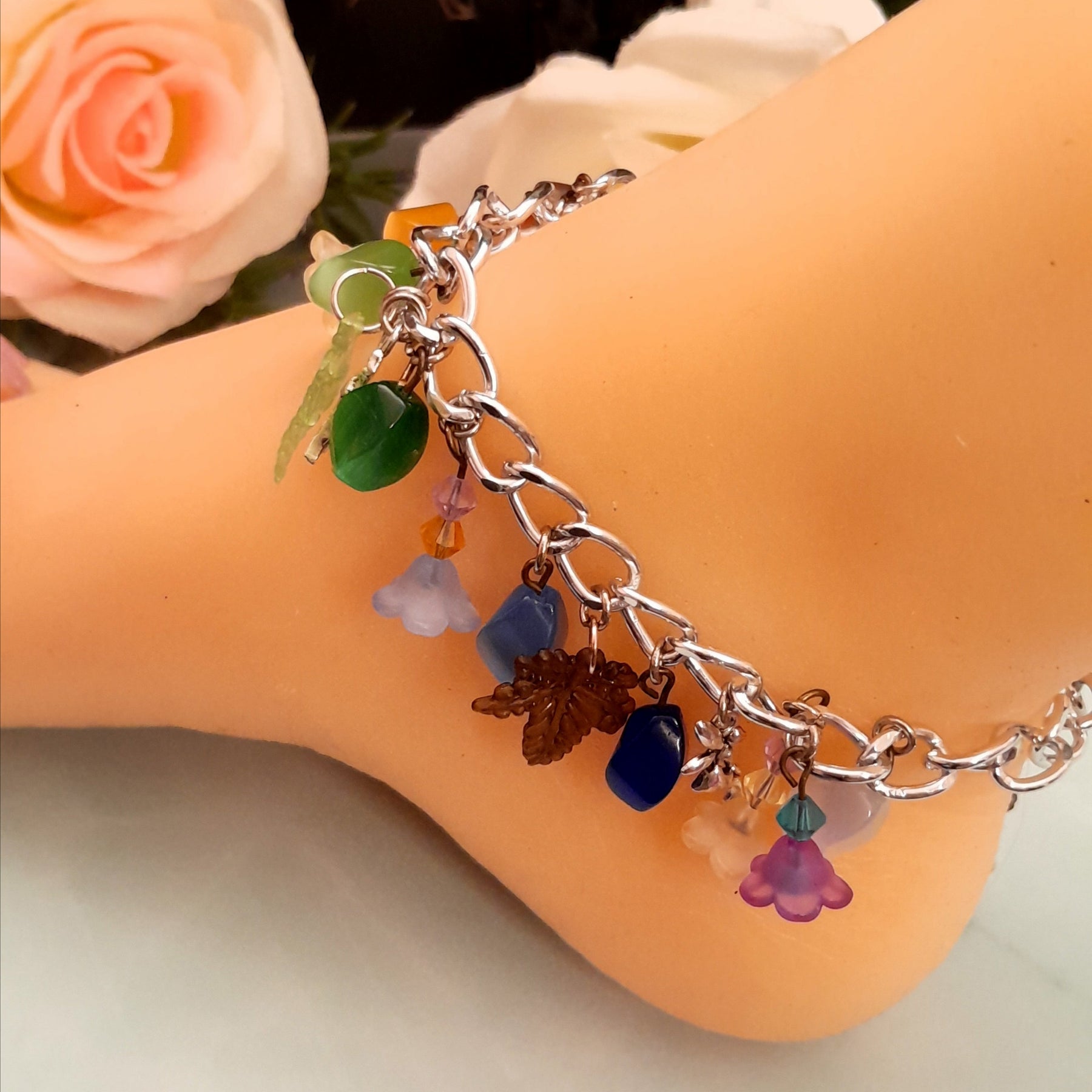 Handmade magical fantasy colorful rainbow cat's eye anklet with silver-tone chain and genuine Austrian crystals, Victorian style vintage style, fairy garden jewelry