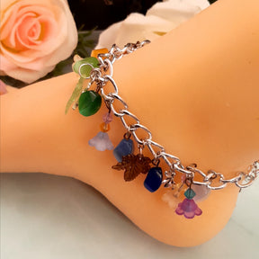 Handmade magical fantasy colorful rainbow cat's eye anklet with silver-tone chain and genuine Austrian crystals, Victorian style vintage style, fairy garden jewelry