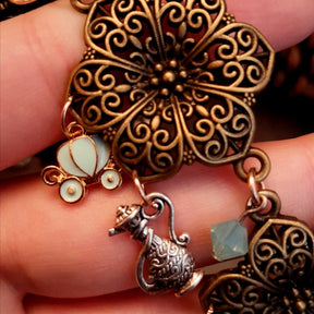 Fairy tale necklace with genie lamp, hand mirror and carriage charms, Victorian style vintage style Swarovski crystal jewelry by Rachel Flam Design