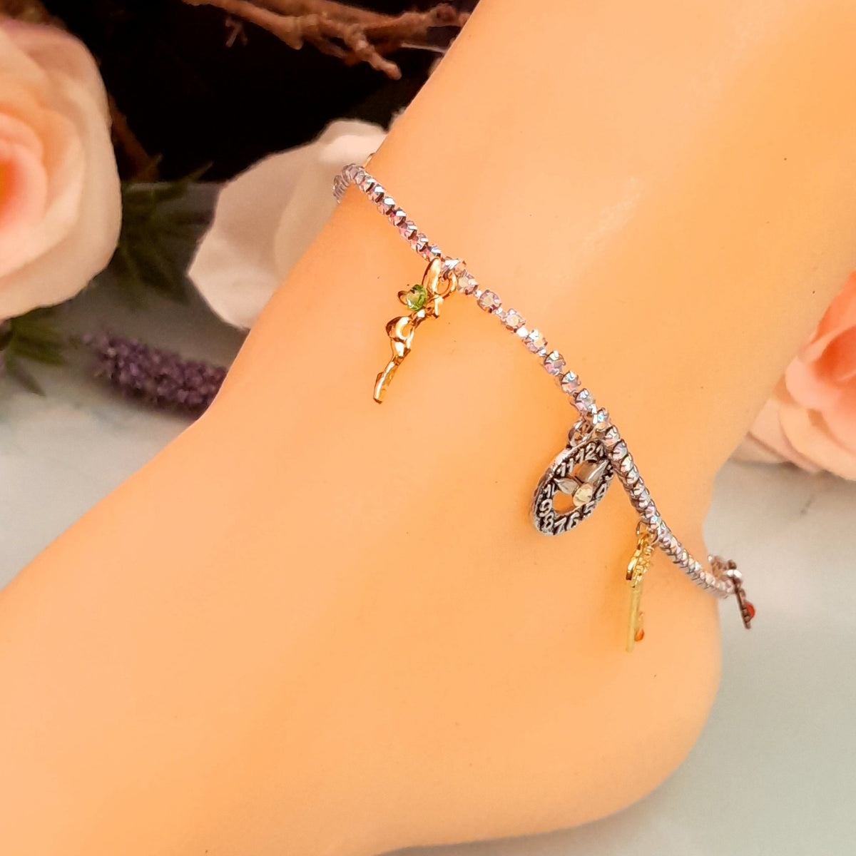 andmade magical fantasy crystal anklet with fairy charms and steampunk details, Victorian style vintage style, genuine Austrian crystals in rainbow sparkle

