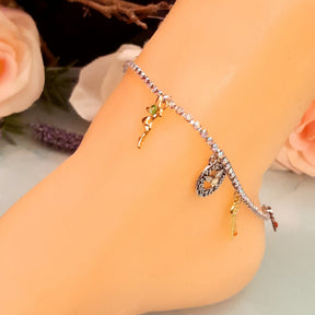 andmade magical fantasy crystal anklet with fairy charms and steampunk details, Victorian style vintage style, genuine Austrian crystals in rainbow sparkle
