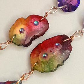 Handmade rainbow multicolor long dangle earrings magical fantasy Victorian style vintage style Swarovski crystal jewelry