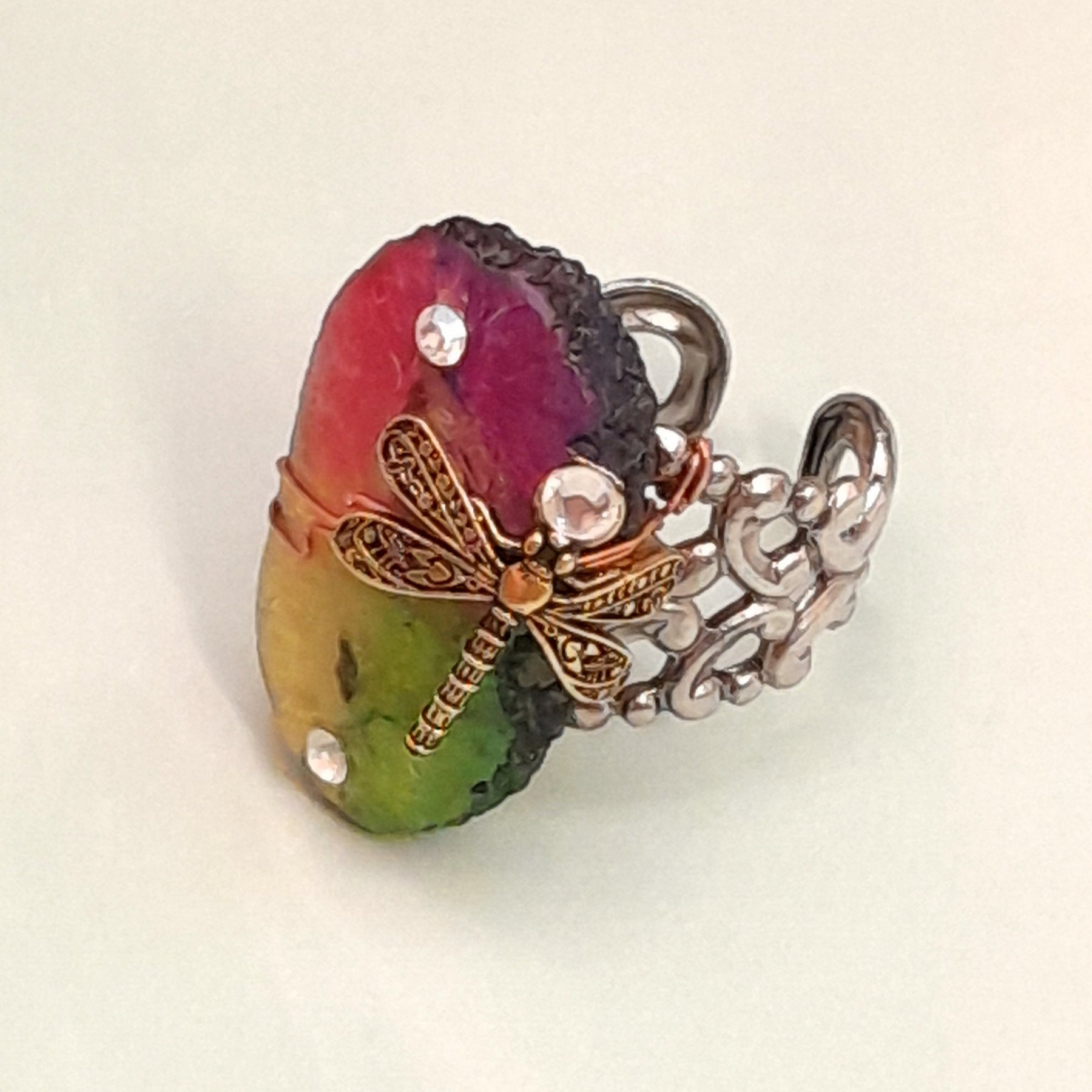 Handmade magical fantasy dragonfly rainbow stone adjustable ring with Austrian crystal accents and ornate filigree band, Victorian style vintage style jewelry