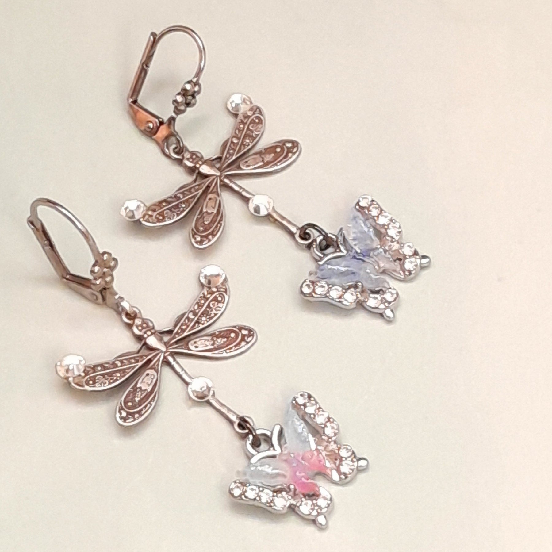 Handmade Victorian style vintage style dragonfly butterfly dangle earrings with Swarovski crystals

