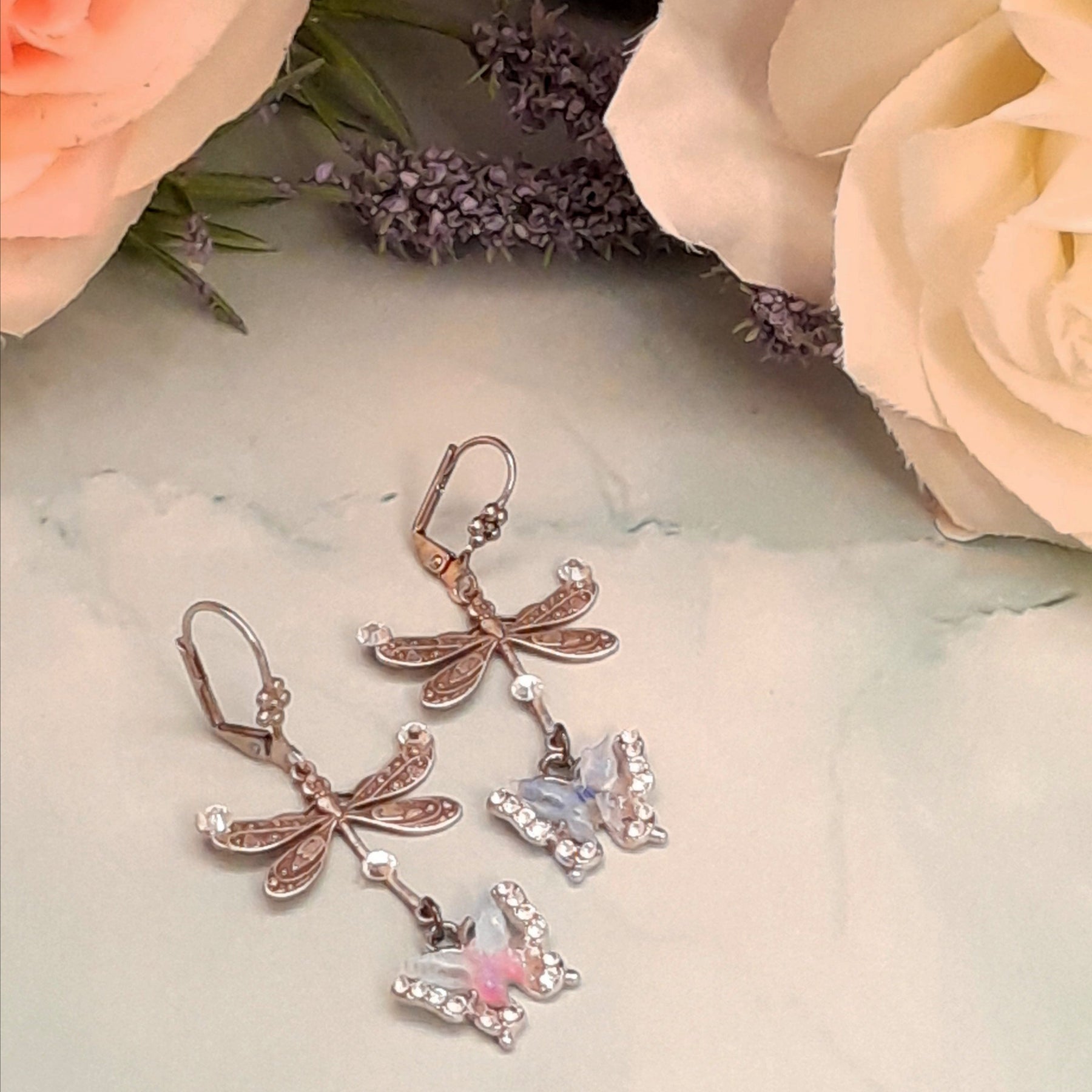 One of a kind Victorian style vintage style dragonfly butterfly dangle earrings with lavender enamel and Swarovski crystals