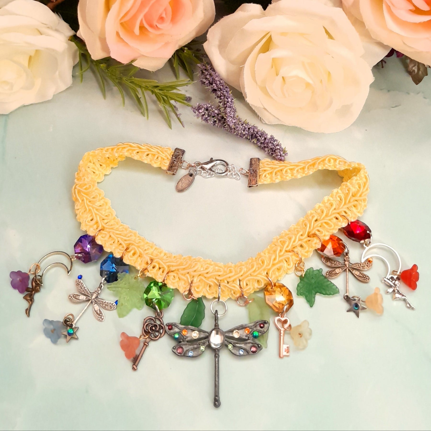 Handmade magical fantasy dragonfly floral yellow choker necklace Victorian style vintage style
