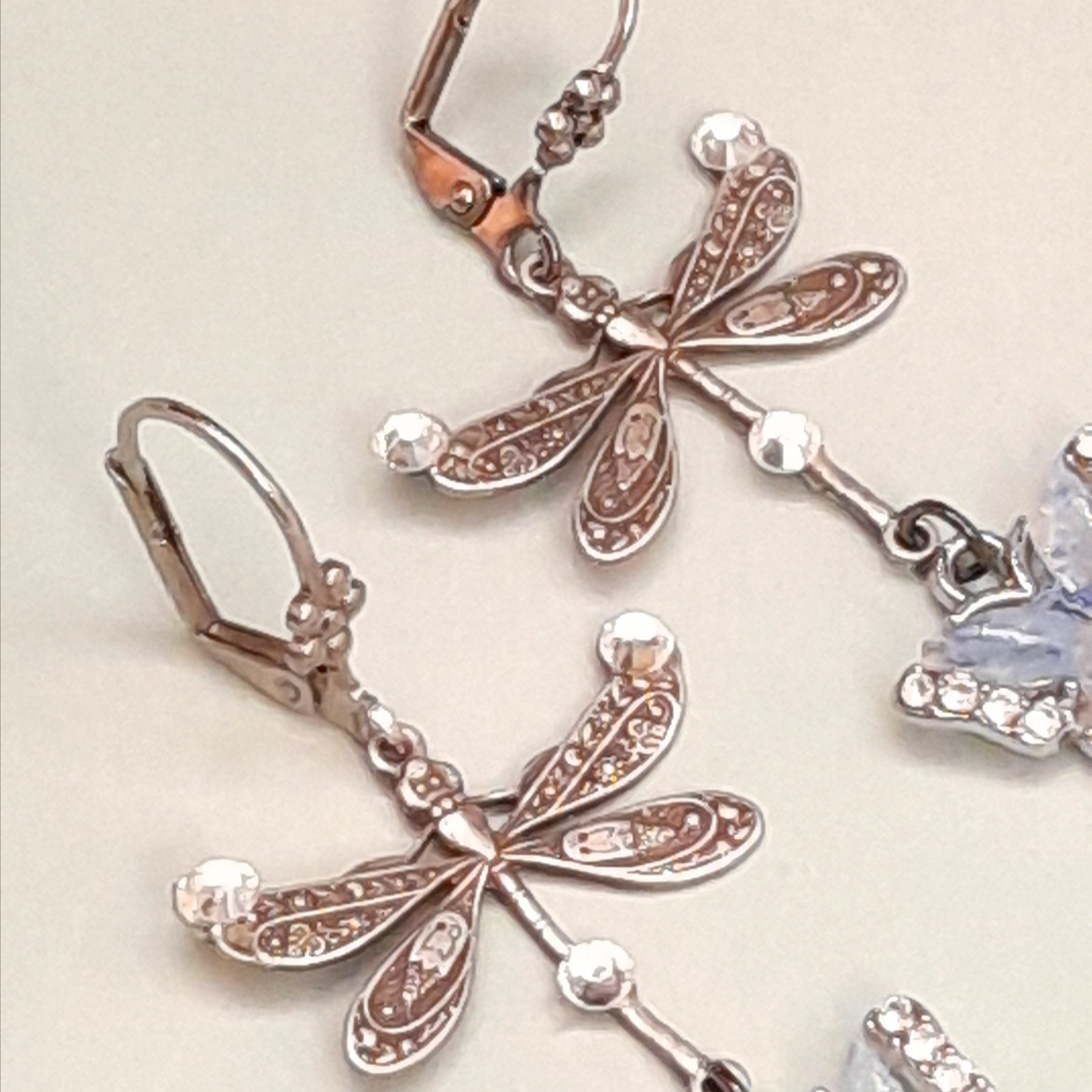 Handmade Victorian style vintage style filigree dragonfly earrings with Swarovski crystals and enamel butterfly