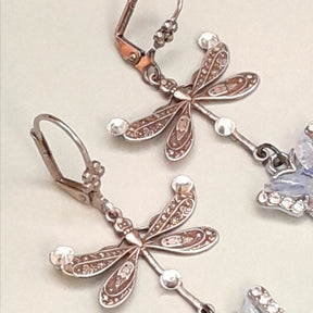 Handmade Victorian style vintage style filigree dragonfly earrings with Swarovski crystals and enamel butterfly