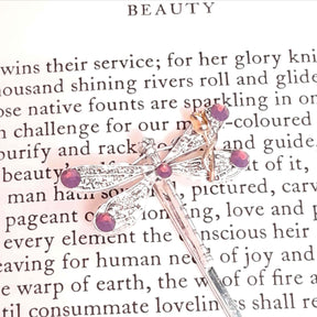 dragonfly hairclip with swarovski amethyst opal purple crystals and a small flower accent