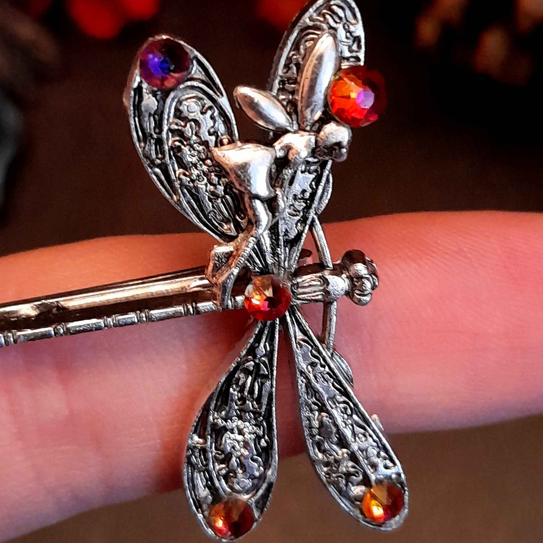dragonfly hair clip with fairy and crystals