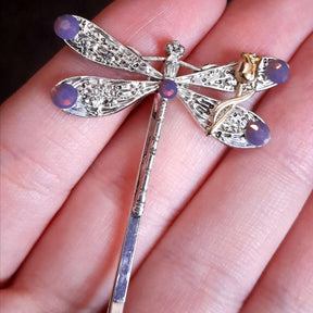 dragonfly hairclip with swarovski amethyst opal purple crystals and a small flower accent