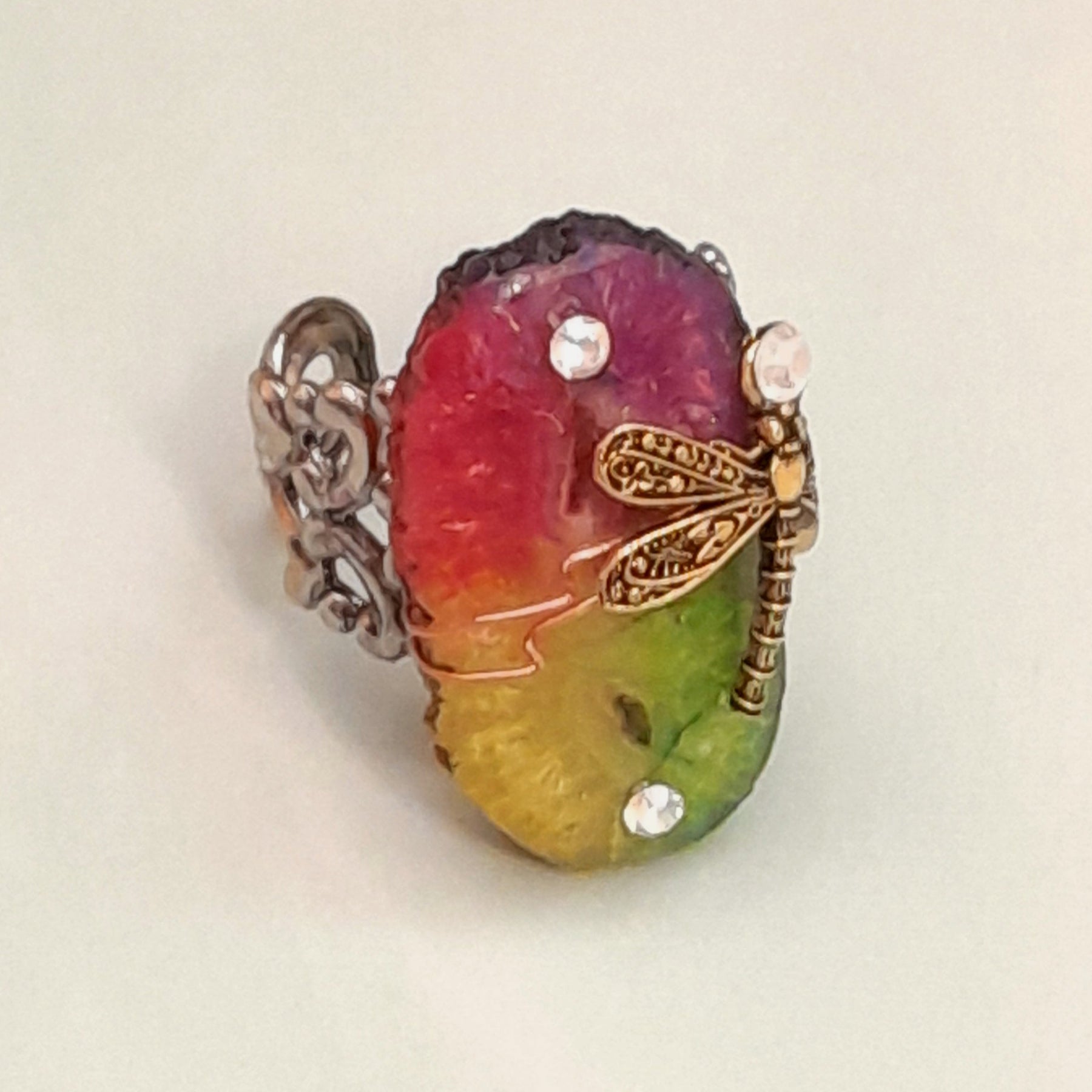 Handmade magical fantasy brass dragonfly rainbow stone adjustable ring with Swarovski crystals, Victorian style vintage style bohemian jewelry