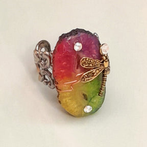 Handmade magical fantasy brass dragonfly rainbow stone adjustable ring with Swarovski crystals, Victorian style vintage style bohemian jewelry