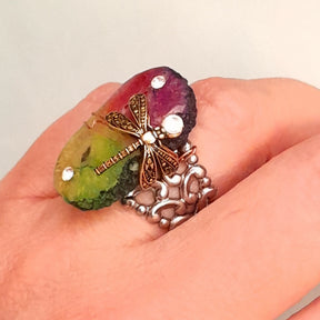 One-of-a-kind magical fantasy dragonfly rainbow stone ring with Austrian crystals and ornate filigree scrollwork band, handmade Victorian style vintage style