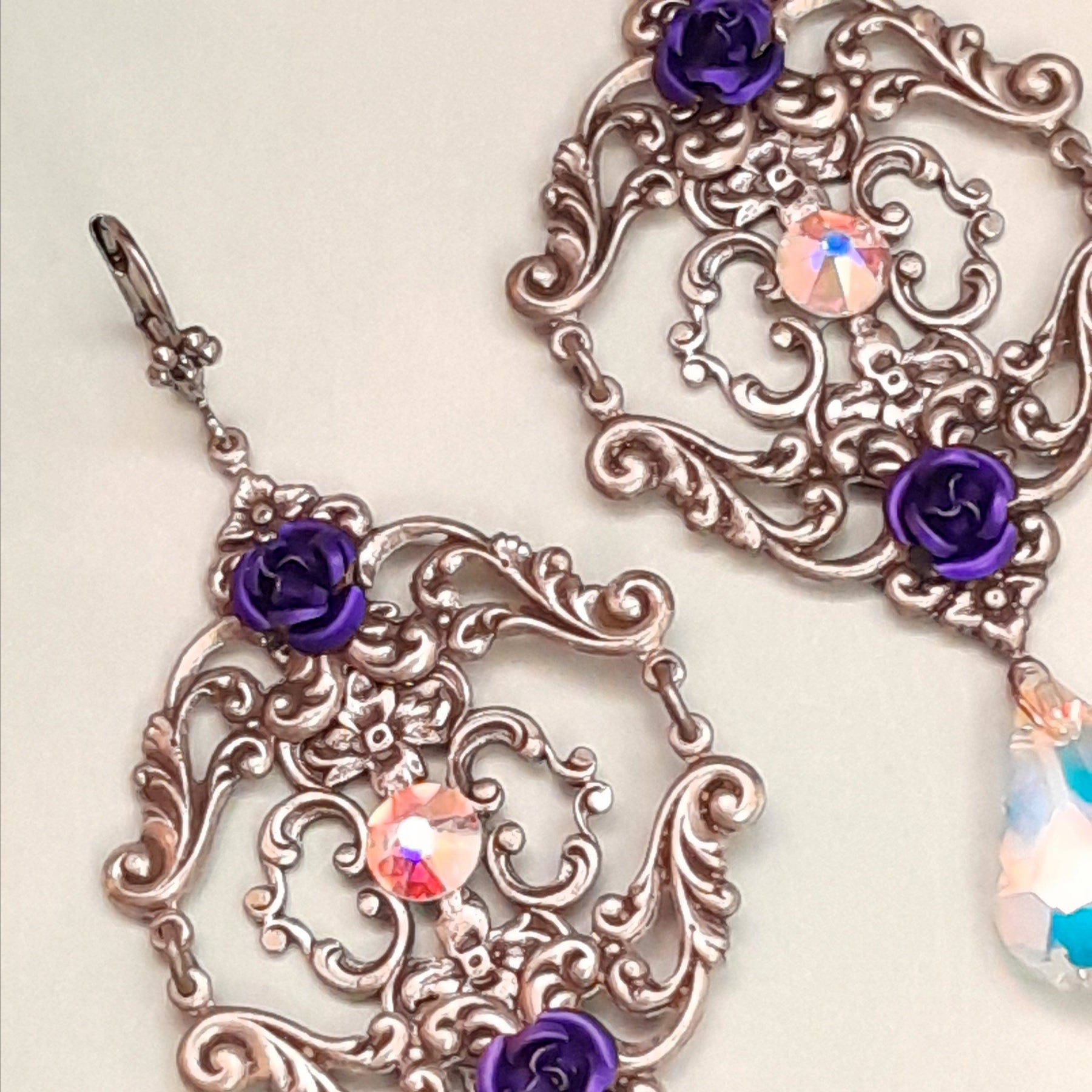 Handmade Victorian style vintage style extra long chandelier dangle earrings with filigree scrollwork and purple flowers