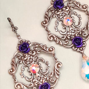 Handmade Victorian style vintage style extra long chandelier dangle earrings with filigree scrollwork and purple flowers