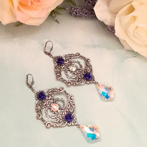 One of a kind Victorian style vintage style extra long chandelier earrings with Swarovski crystals and purple rose details