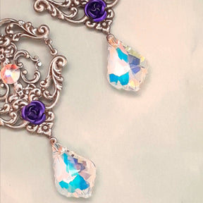 One of a kind Victorian style vintage style extra long chandelier earrings with Swarovski crystal dangles and purple roses