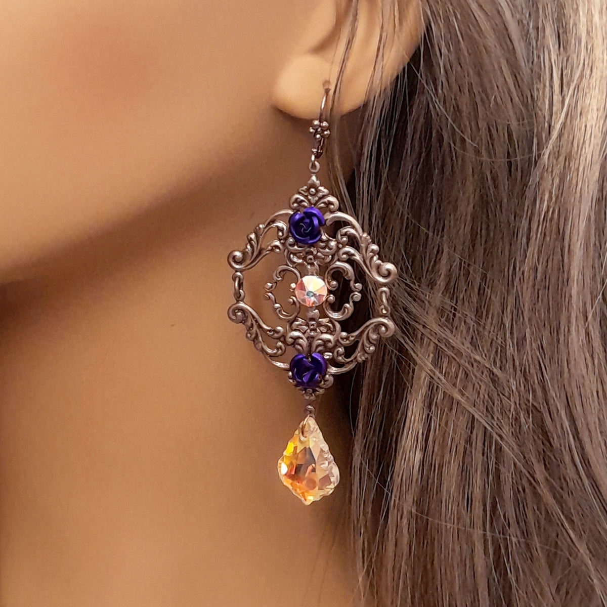Magical fantasy Victorian style vintage style extra long chandelier earrings with purple flowers handmade in Long Island NY