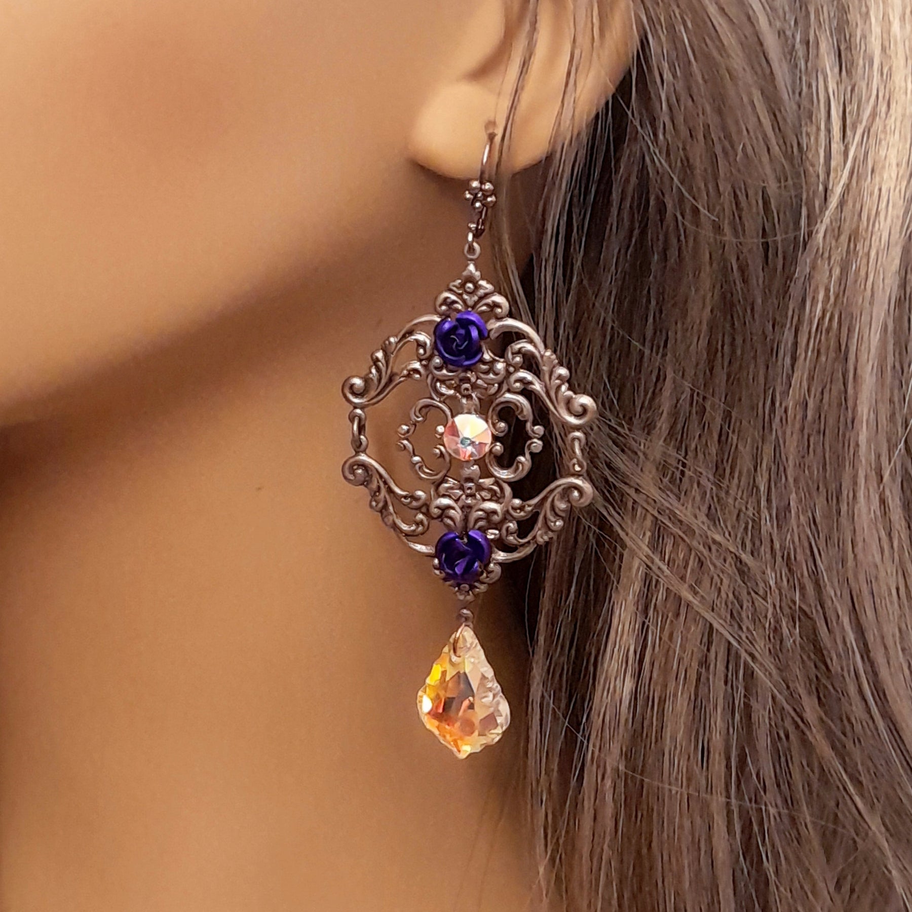 Magical fantasy Victorian style vintage style extra long chandelier earrings with purple flowers handmade in Long Island NY