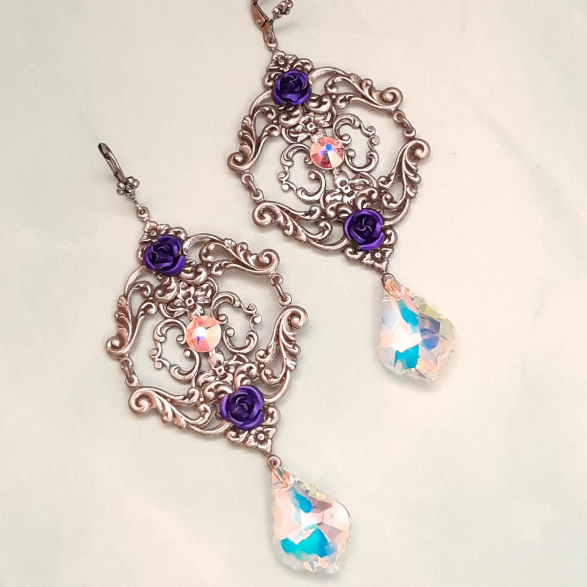 Handmade Victorian style vintage style extra long chandelier earrings with purple roses and Swarovski crystals

