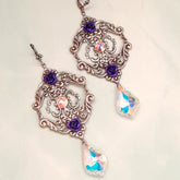 Handmade Victorian style vintage style extra long chandelier earrings with purple roses and Swarovski crystals

