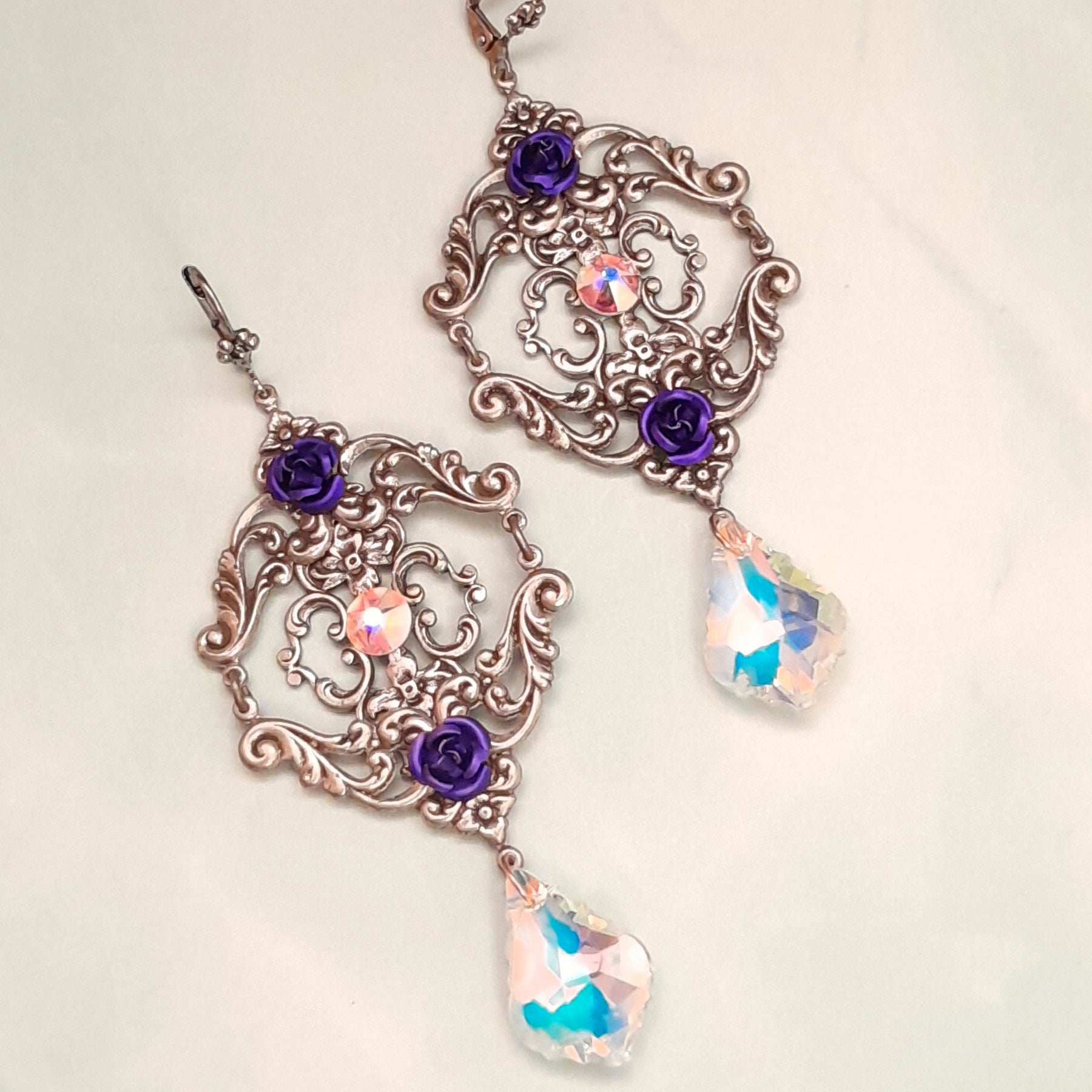 Handmade Victorian style vintage style extra long chandelier earrings with purple roses and Swarovski crystals

