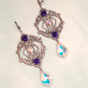 Handmade Victorian style vintage style extra long chandelier earrings with purple roses and Swarovski crystals

