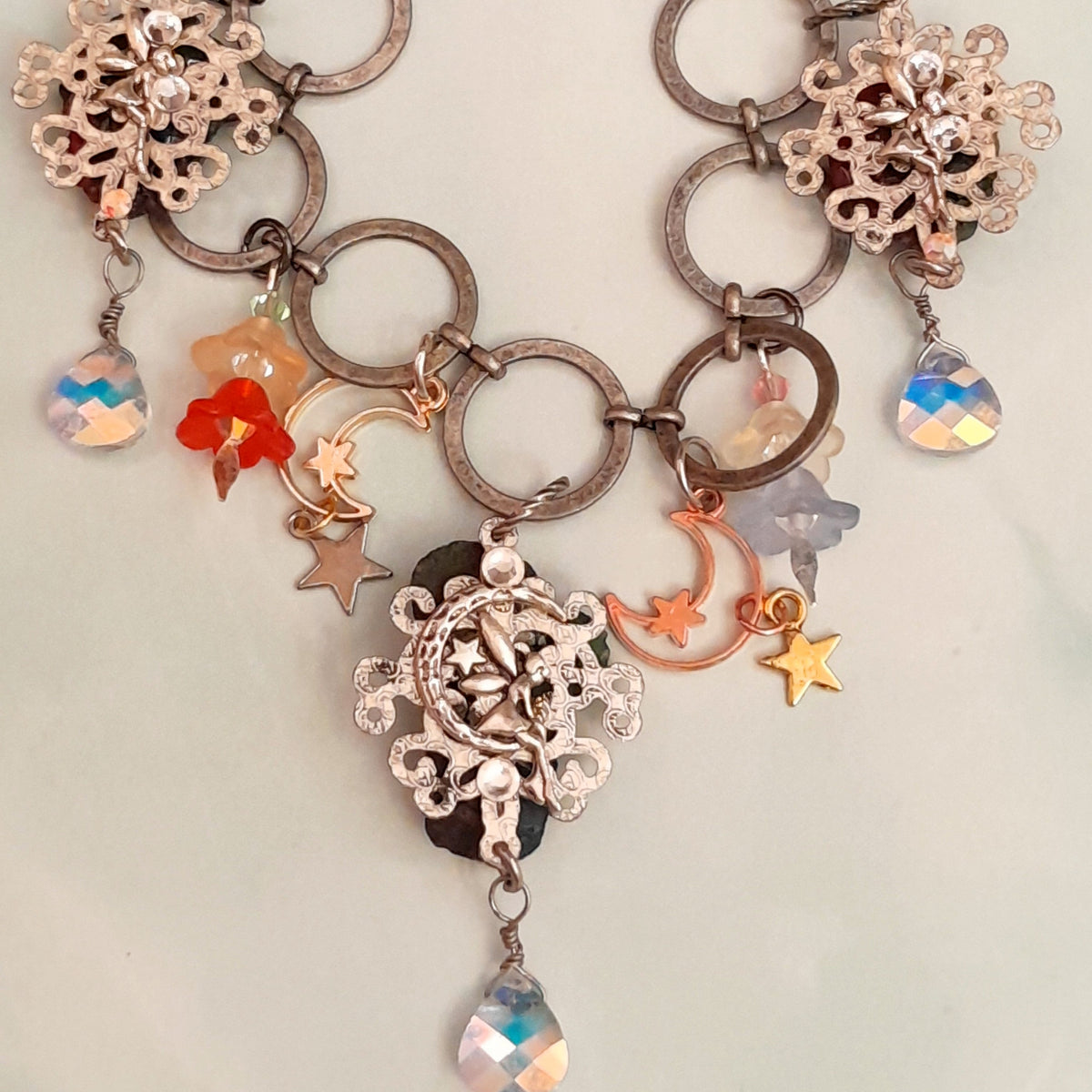 Magical fantasy rainbow stone necklace with peach and red floral charms and Swarovski crystals, handmade Victorian style vintage style bohemian jewelry